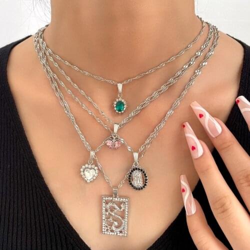 New Multilayer Crystal Dragon Heart Metal Chain Necklace Set For Women Silver Color Portrait Twisted Chain Necklaces Jewelry