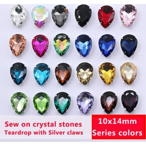 20pcs 10x14mm droplet Glass Crystal sew on Rhinestone stone jewels silver base button beads DIY shoes/clothes hair accessories