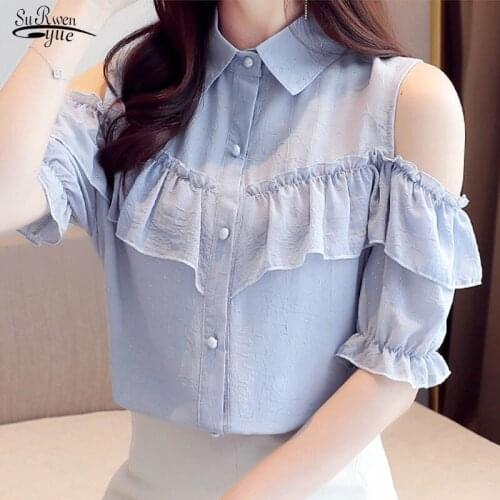 2021 Summer New Sequined Ruffles Off-Shoulder Tops Fashion Summer Tops Korean Loose-Fit Short Sleeve Chiffon Blouse Women 9614