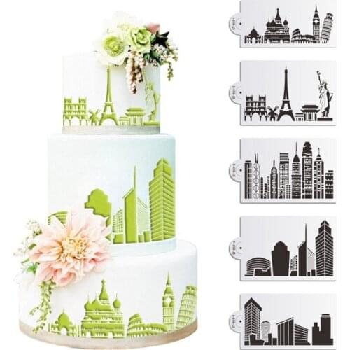 5pcs/City Landscape Cake Spray Mold, Hollow Fancy Cake Border Mold, Baking Cake Decoration Accessories
