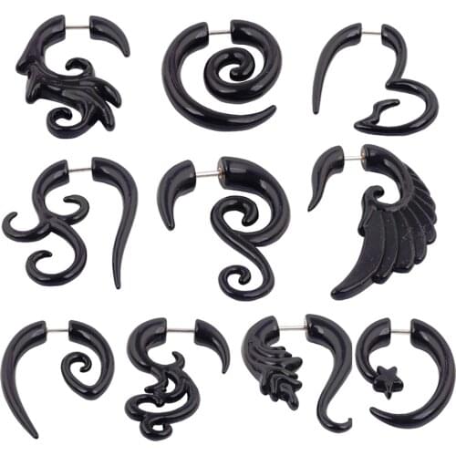 TIANCIFBYJS Acrylic 16g Ear Gauge Black Ear Taper Spiral Piercing Fake Ear Plug Cheater Earring Lobe Stretcher 100pcs 10 styles
