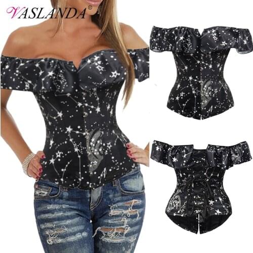 Bustiers & Corsets Off Shoulder Steampunk Corset Shirt with Ruffles Sleeves Crop Top Lace Up Boned Overbust Corselet Bustier Top