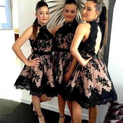 Black Lace Applique Short Bridesmaid Dresses High Collar Sexy Backless Graduation Party Gowns A Line Bride Homecoming Dress