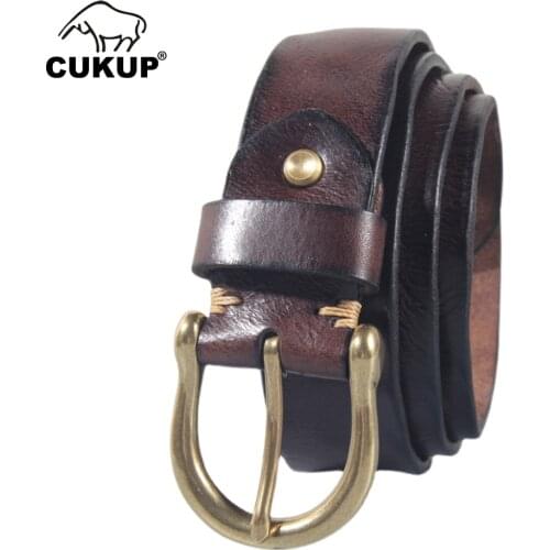 CUKUP Mens Brass Pin Buckle Metal Leather Belt for Men Fancy Vintage Top Quality Cowhide Belts Jeans Accessories 3.8cm NCK1015