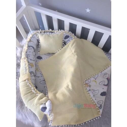 Jaju Baby Handmade, Yellow Waffle Pique Fabric and Muslin Rainbow Design Pompom Set of 3 Babynest
