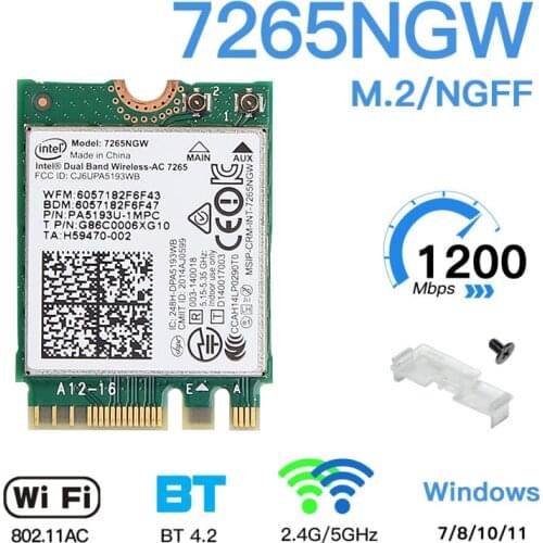 Dual band Wireless-AC 1200M WiFi 7265NGW For Intel 7265 Wi-Fi 802.11ac 2x2 Bluetooth NGFF M.2 Wlan Card BT 4.0 Network Adapter