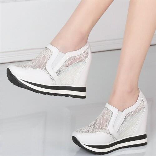 Fashion Sneakers Women Slip On Genuine Leather Wedges High Heel Ankle Boots Female Breathable Lace Chunky Platform Pumps Shoes