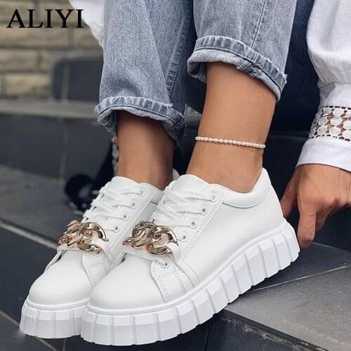 Fashion White Sneakers Women 2021 Autumn New Ladies Comfy Lace Up Casual Shoes With Chain 36-43 Large-Sized Female Sport Flats