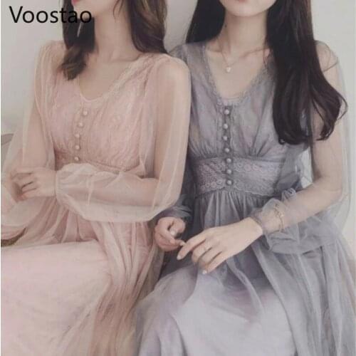 Sweet Elegant Fairy Dress Women Chic Mesh Long Sleeve V-Neck Lace Tulle Party Dresses Summer Female Gentle Midi Dress Vestidos