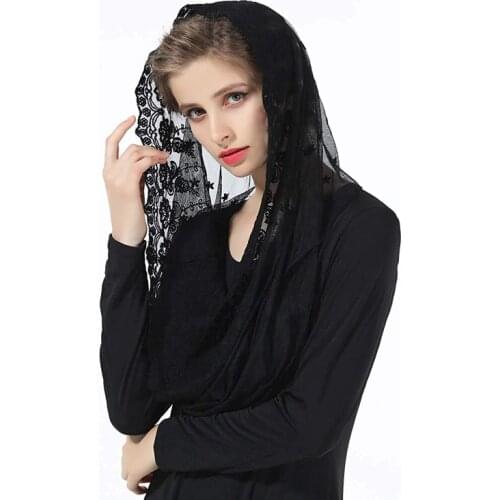 Muslim Women Black Lace Veil One Layer Shawl Scarf Bridal Mantillas For Church Wedding Veil 2020