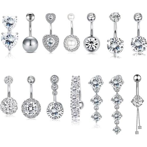 14pcs/lot Dangling Navel Belly Button Rings Set Oreja 14G Double Round Cubic Zirconia 316L Steel Belly Piercings Jewelry Body