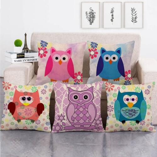 One Side Print Cushion Cover Linen Cartoon Owl Throw Pillow Cases for Home Sofa Seat Cute Vintage Decoration 45X45cm
