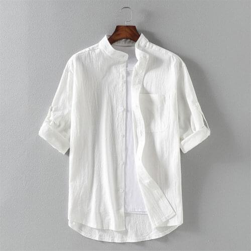 New Mens Casual Blouse Mens Summer Thin Solid Color Shirts Long Sleeve Linen Shirt Male