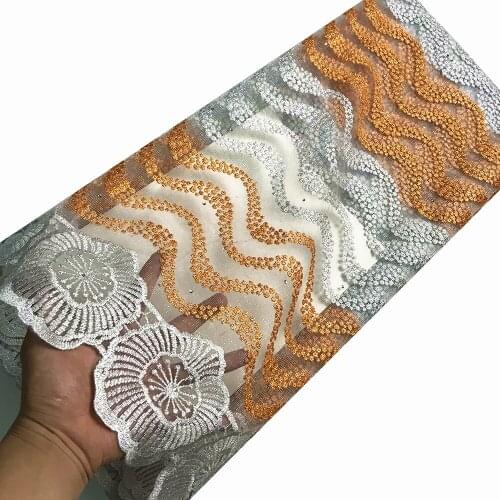 Newest DIY Sewing Sliver&Orange African Organza Lace Fabric Wedding Party Dress Net Cloth Tulle 5 Yards KRL-6921