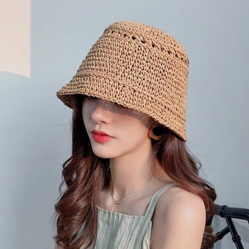 Women Hand-woven Bucket Fisherman Hat ladies Fashionable Straw Beach Casual solid color vocation Summer Sun s anti-UV