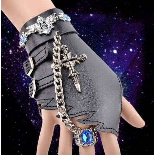 Fashion men women Hip-hop non-mainstream chain gloves blue diamonds ring genuine leather punk rivet gloves rings R3123