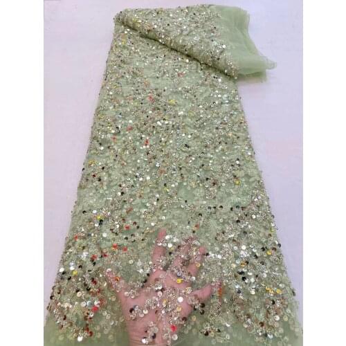 Latest African Net Lace Fabric with beads and sequin J-588885 Material Embroidery Tulle French Mesh Lace Fabric For Wedding
