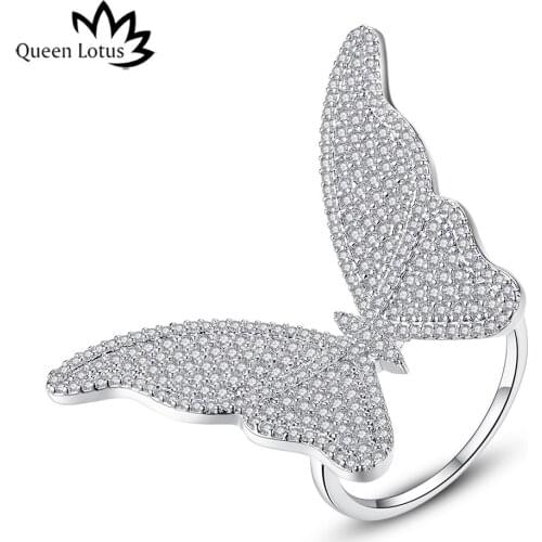 Queen Lotus 2018 Fashion Women butterfly Crystal Ring High Grade Cubic Zircon Finger Big Ring Female Elegant Wedding Jewelry Hot