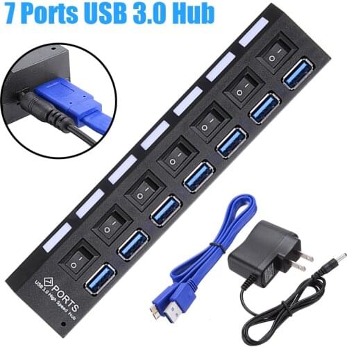 For Desktop Computers Notebooks 1pc US Plug Black 7 Ports Expander High Speed USB 3.0 Hub Splitter With On/Off Switch Pohiks