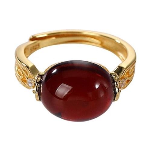 S925 sterling silver gold-plated natural blood amber ring personality minimalist elegant hollow Womens Open ring