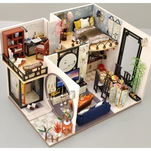 DIY House Chinese Loft Music Movement Dollhouse Miniature With LED,Furniture DIY Chinese Loft Hand Assembled Model Creative Toys