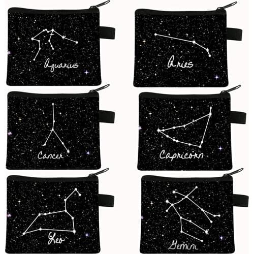 Twelve Constellations Zodiac Sign Coin Purse Women Wallet Card Keys Holder Bags Men Purses Money Bag Mini Handbag