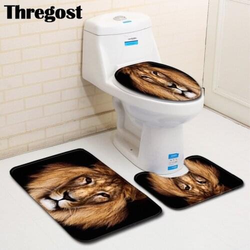 Thregost 3D Lion Printed Bathroom Bath Mat Set Toilet Carpet Flannel Non-Slip Rugs Toilet Lid Cover Shower Room Rug Floor Mats