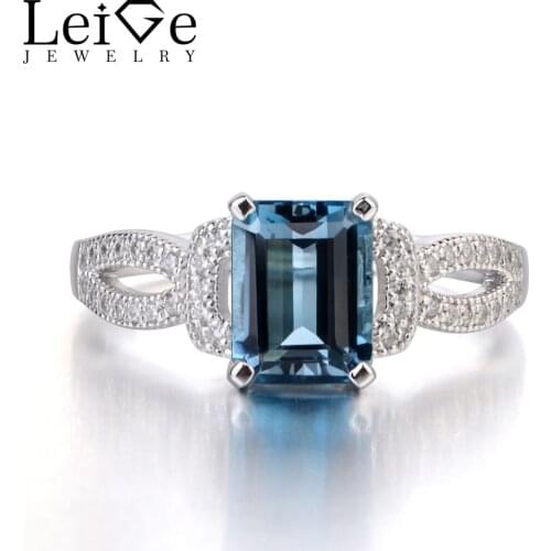 Leige Jewelry London Blue Topaz Ring Sterling Silver Jewelry Emerald Cut Wedding Promise Rings for Women Blue Gemstone