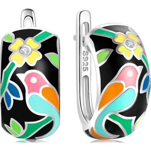 OGULEE Bird and daisy Flowers Earrings for Women Real 925 Sterling Silver Handmade Exquisite Painting Enamel Gift Fine Jewelry