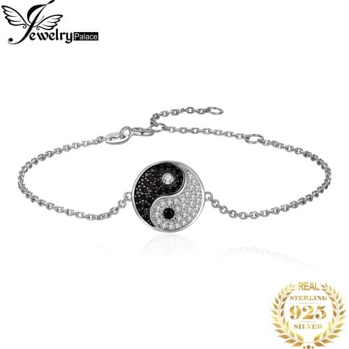 JewelryPalace Tai Chi Yin Yang 925 Sterling Silver Chain Link Bracelets for Women Natural Black Spinel Round Gemstone Bracelet