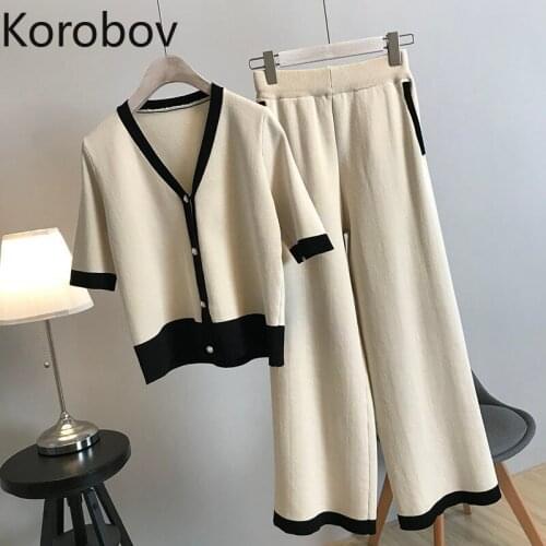 Korobov OL Elegant Patchwork Knit Suits Short Sleeve V Neck Korean Women Cardigans and High Waist Wide Leg Pants 2 PCS Set 78762