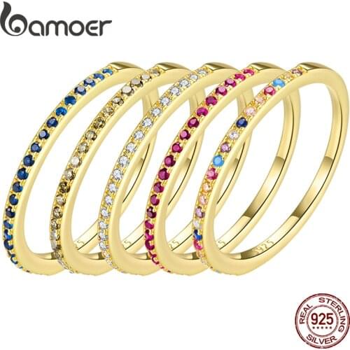 BAMOER 925 Sterling Silver Gold Plated Crystal Wedding Female Rings for Women Simple Geometric Ring Sterling Silver Jewelry