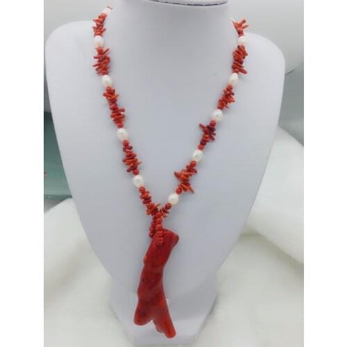 LJHMY Genuine Red Coral Branch Pink Freshwater Pearl Necklace Pendant Women