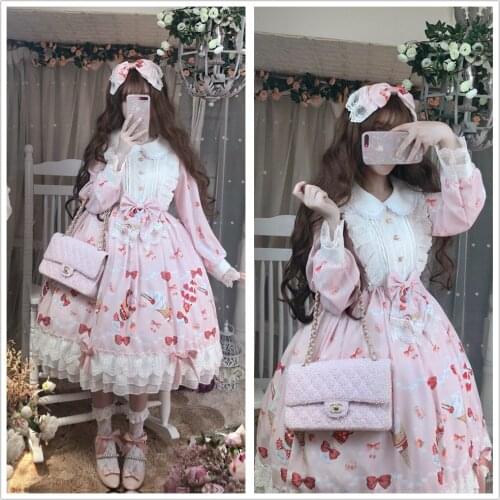 Kawaii Strawberry Desserts Print Womens Lolita Lace Bows Princess OP Dress Autumn Doll Collar Long Sleeve Party Fancy Dress