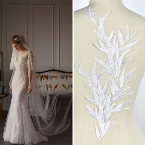 1pc Excellent Ivory Bamboo leaves Embroidery Lace Applique decorative venice lace Patch Trim back applique 45X19cm LA275