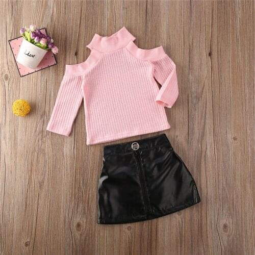 Toddler Kids Baby Girl clothes Long Sleeve Turtle Neck solid off shoulder Tops solid zipper Skirts 2pc cute Outfit