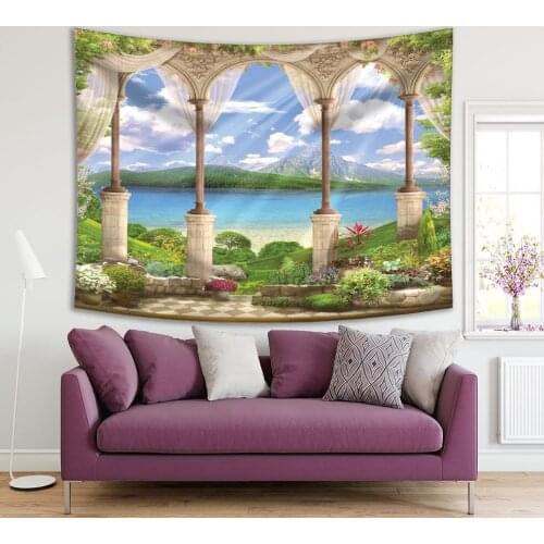 Tapestry Old White Arch with View of Mountains Lake Sunny Summer Day Trees Flowers Baroque Fantasy Theme Art Green Blue beige