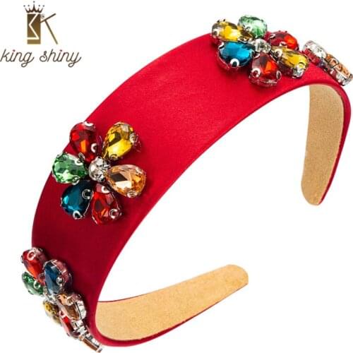 King Shiny Vintage Baroque Colorful Crystal Flower Headband Elegant Water Drop Beaded Satin Cloth Hairband Girls Party Headpiece