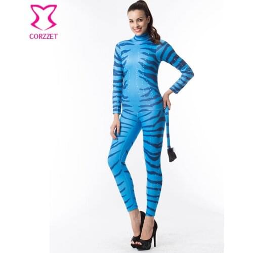 7XL Adult Long Sleeve Blue Zebra Catsuit with Tail Animal Costume Cosplay Sexy Halloween Costumes For Women Plus Size Jumpsuit