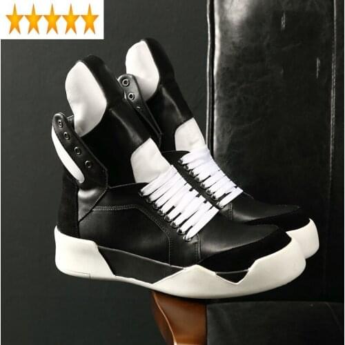 Genuine Designer High Top Mens Leather Sneakers Lace Up Thick Platform Shoes Flats Winter Black White Hip Hop Casual Ankle Boots