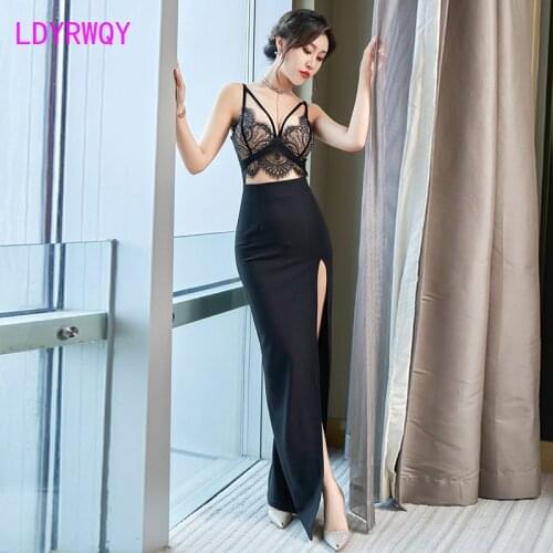 LDYRWQY 2021 Womens sexy new lace nightclub dress with hip slits Office Lady Floor-Length