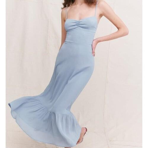 Fashion ladies summer pastoral style elegant pure color waist long dress sexy suspender dress female fishtail dress