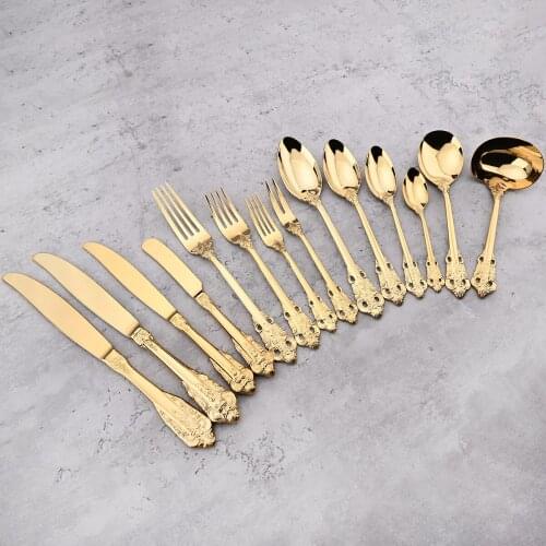 1pc Luxury Golden Dinnerware Set Vintage Western Plated Cutlery 18/10 Stainless Steel Knife Fork Spoon Tableware Silver Flatware