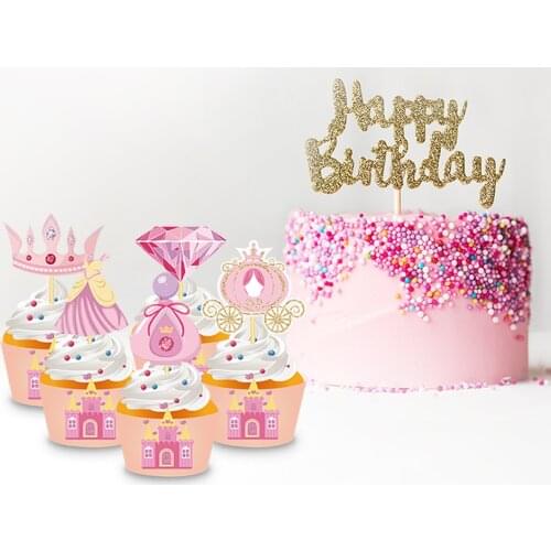 Pink Sweet Cartoon Princess Castle Birthday Cake Cup Wrapper and Toppers Cupcake Decorating for Kids Baby Shower Birthday Party