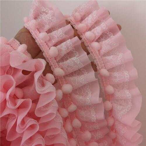 LASUI 3 yards =1 lot good quality 5 cm white pink chiffon lace pom pom lace trim plush ball handmade accessories 0336