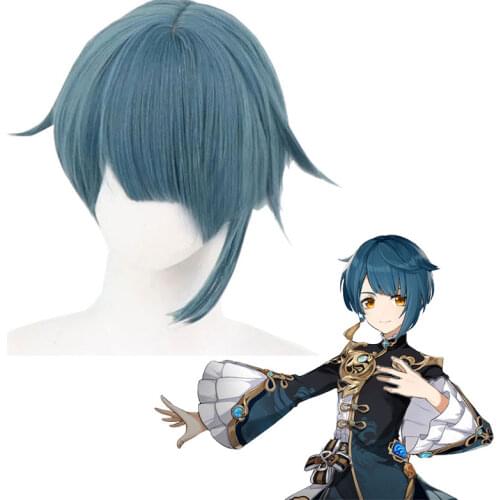 Genshin Impact Xingqiu Cosplay Wig Short Grey Blue Anime Costume Hair Heat Resistant Synthetic Wigs Halloween Accessories