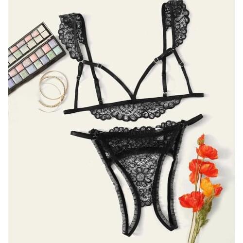 Stylish Bar Plus Size Women Sexy Lingerie Sets New Ladies Lace Bra Top + Thong Underwear Set Black Sleepwear Pajamas for Women