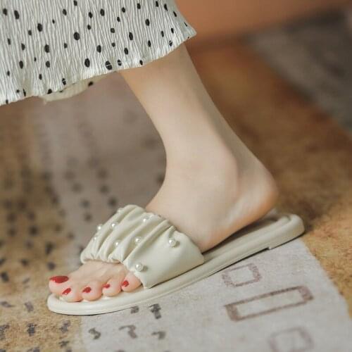 Slippers womens precious pearl folds flat-bottomed and versatile slippers with soft soles shoes for women butterfly shoes