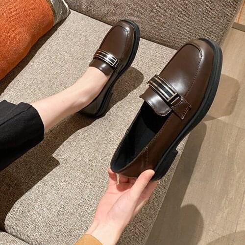 Flats Retro metal buckle decorate oxfords slip on square toe moccasins low heels small letaher shoes women loafers plus size 43