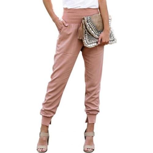 Women Cropped Pants Solid Color Ankle Tied Autumn Winter Elastic Waist Side Pockets Office Ladies Trousers Streetwear